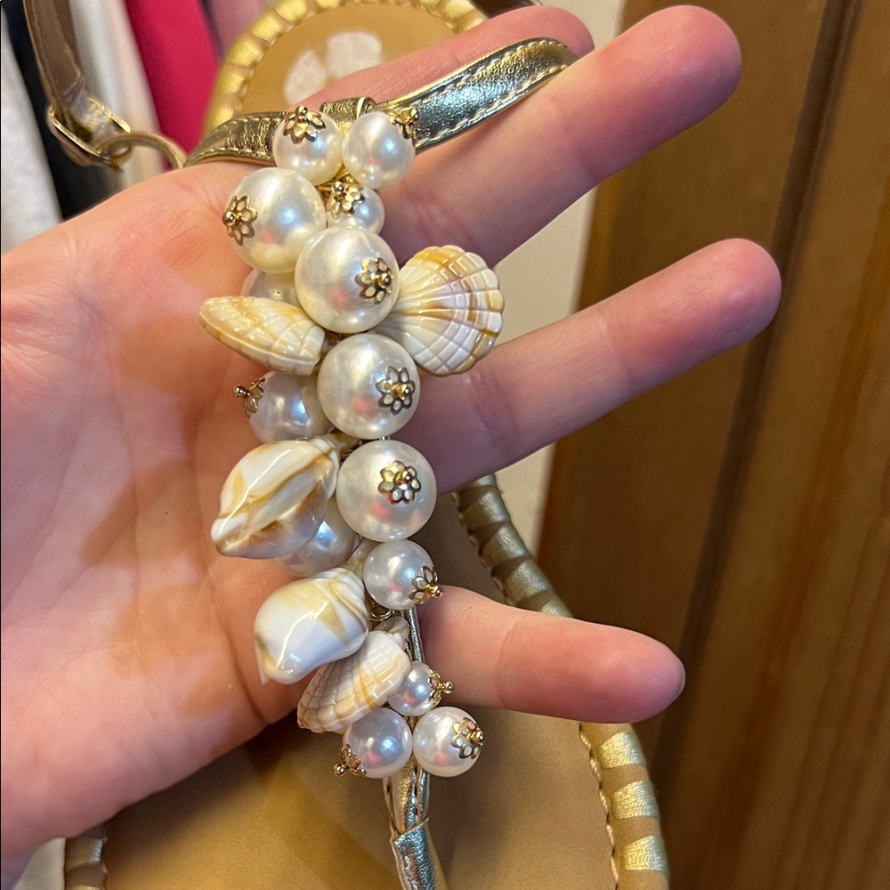 Jessica Simpson Gold T-Strap Sandals with Pearl & Shell Accents - Picture 2 of 5